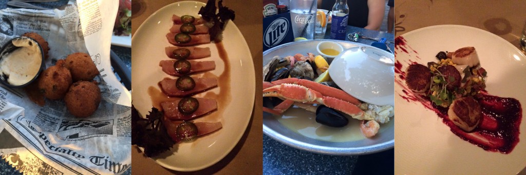 From left to right we have hush puppies, I think ahi tuna, the entire ocean on a platter, and the most excellent scallops ever.
